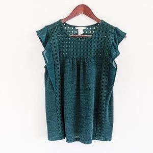 H&M flutter sleeve green blouse